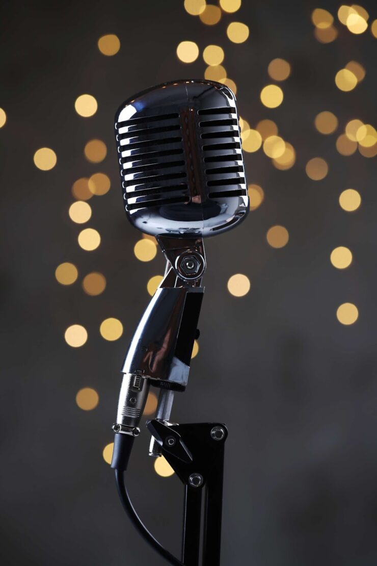 A microphone on a dark background