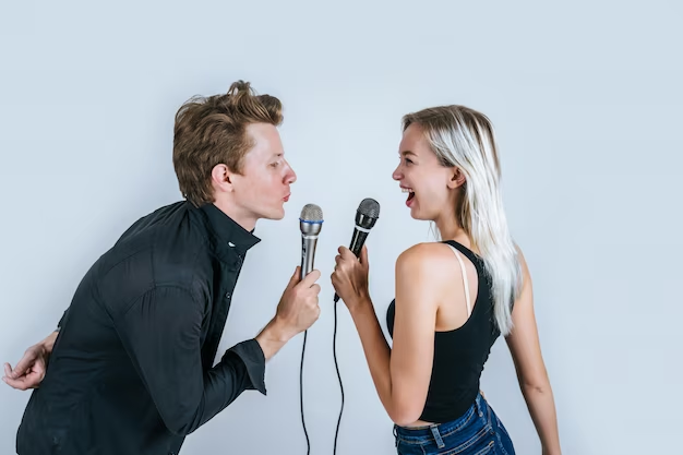 Happy portrait of couple holding microphone and sing a song