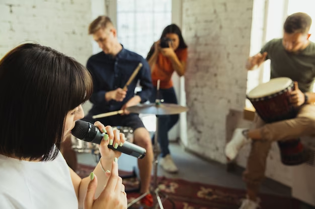 Musician band jamming together in art workplace with instruments