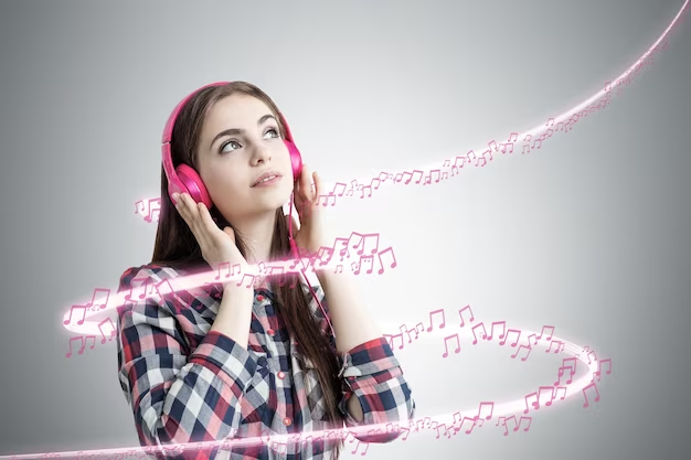 A woman in a plaid shirt and listens to music, around the notes of a tornado of notes