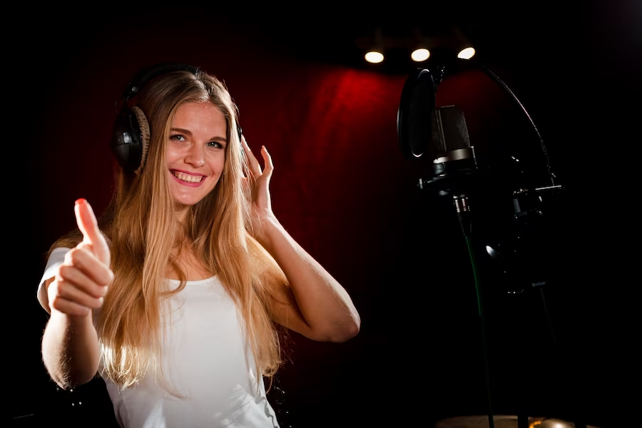 Woman in studio with headset giving a thumbs up