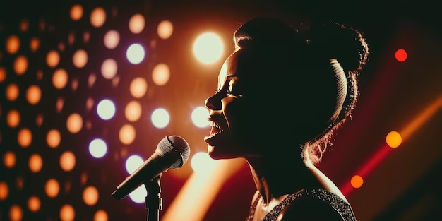 Side view of a woman singing in a dimly lit area with flashes of light