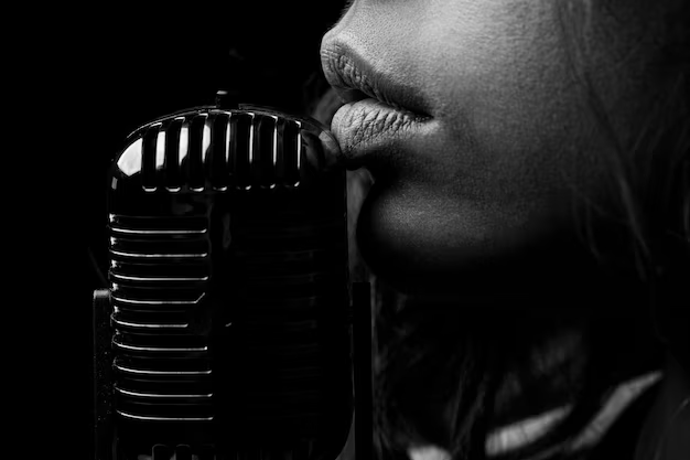 Close-up side view of a microphone touching the lips