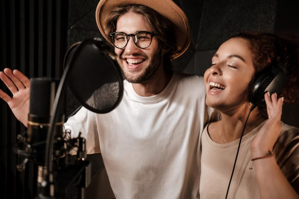 man and woman in headphones and closed eyes sing into the microphone