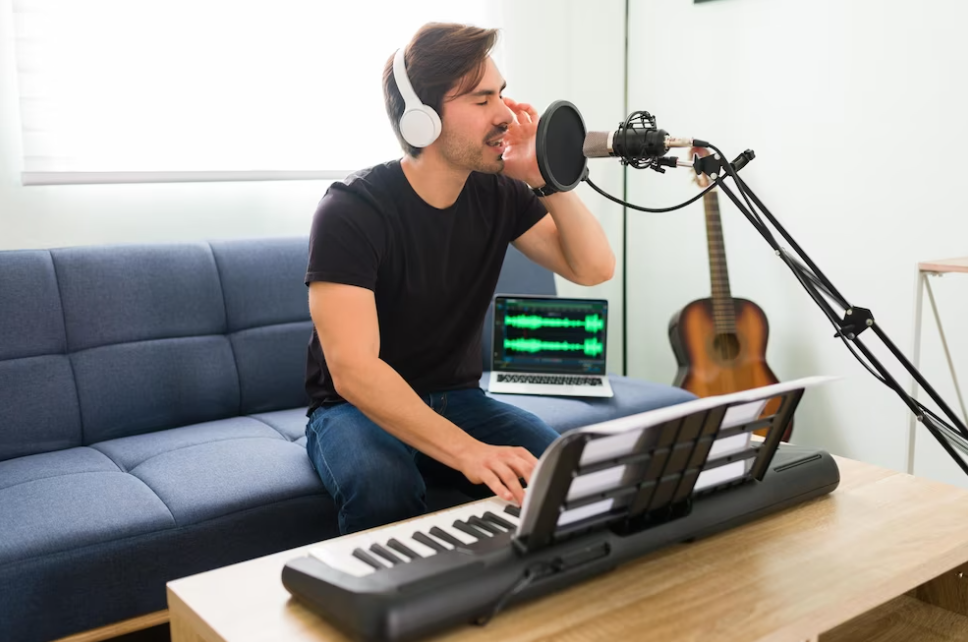 a man in headphones singing and recording songs on the sofa in a room, guitar behind him