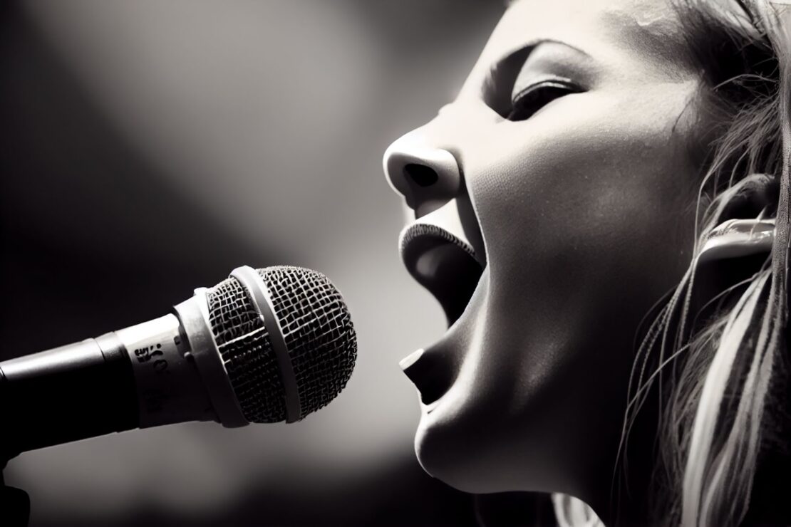 a close-up black-and-white shot of a young female musician performing